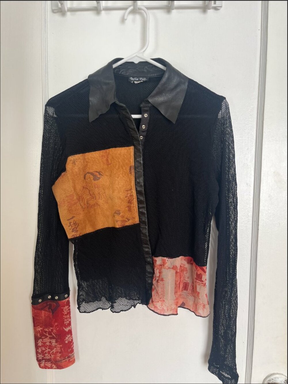 Vintage Bella Pelle Y2K Mesh Top – Genuine Leather Trim & Print Patchwork